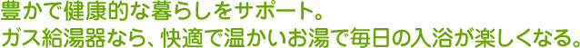 豊かで健康的な暮らしをサポート。ガス給湯器なら、快適で温かいお湯で毎日の入浴が楽しくなる。