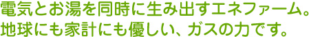 電気とお湯を同時に生み出すエネファーム。
地球にも家計にも優しい、ガスの力です。